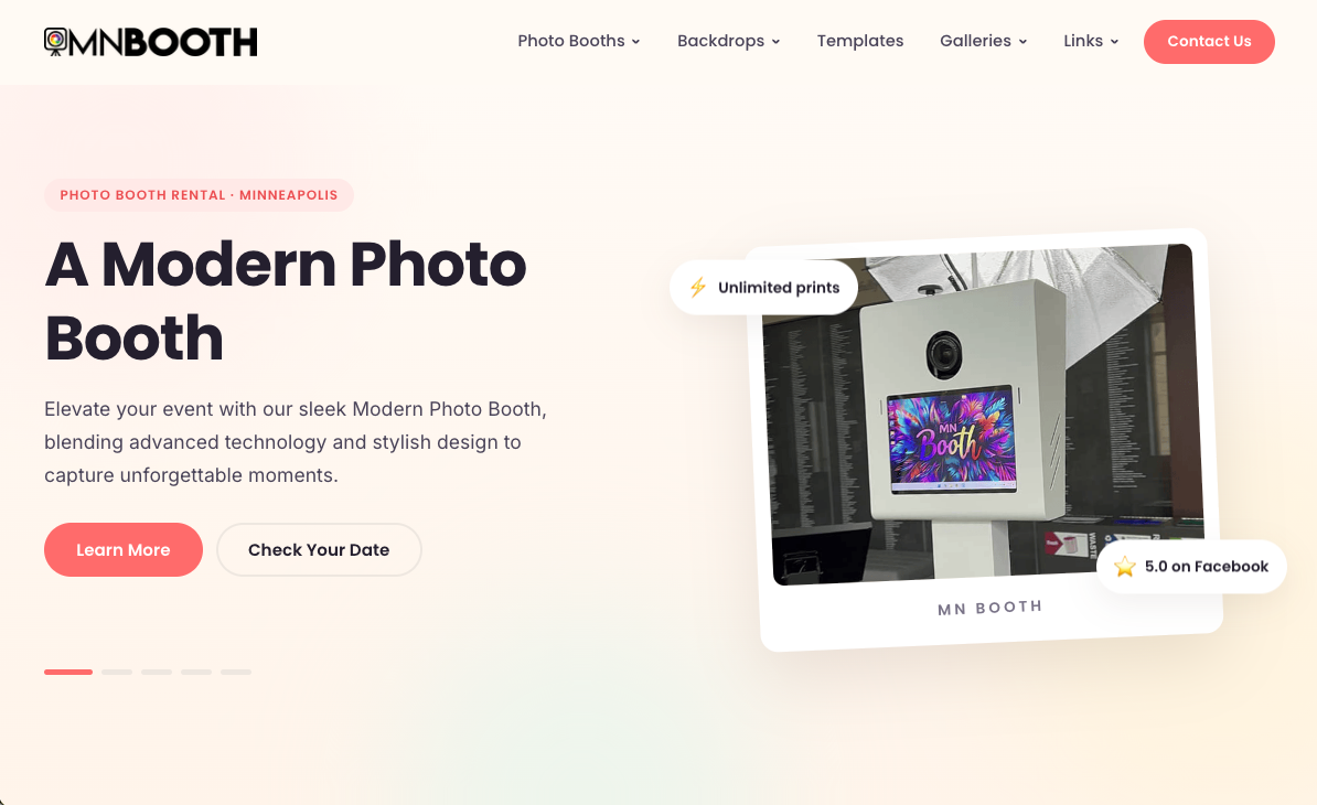 MN Booth Modern Photo Booth landing page