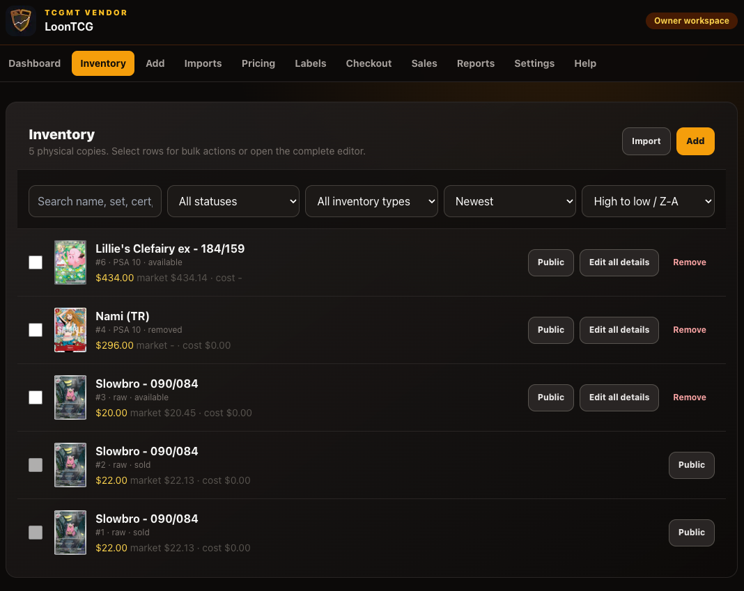 TCGMT Vendor inventory management screen